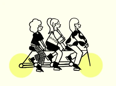 Ilustración: tres personas en una bicicleta tándem