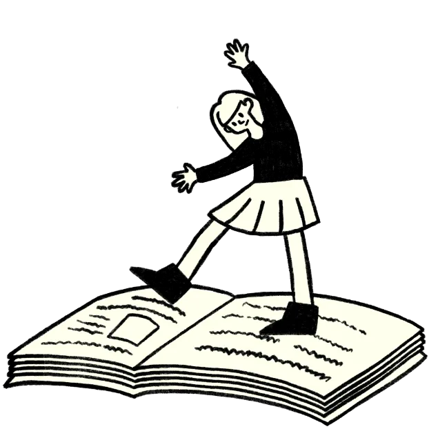 Ilustración: persona de pie sobre un libro abierto