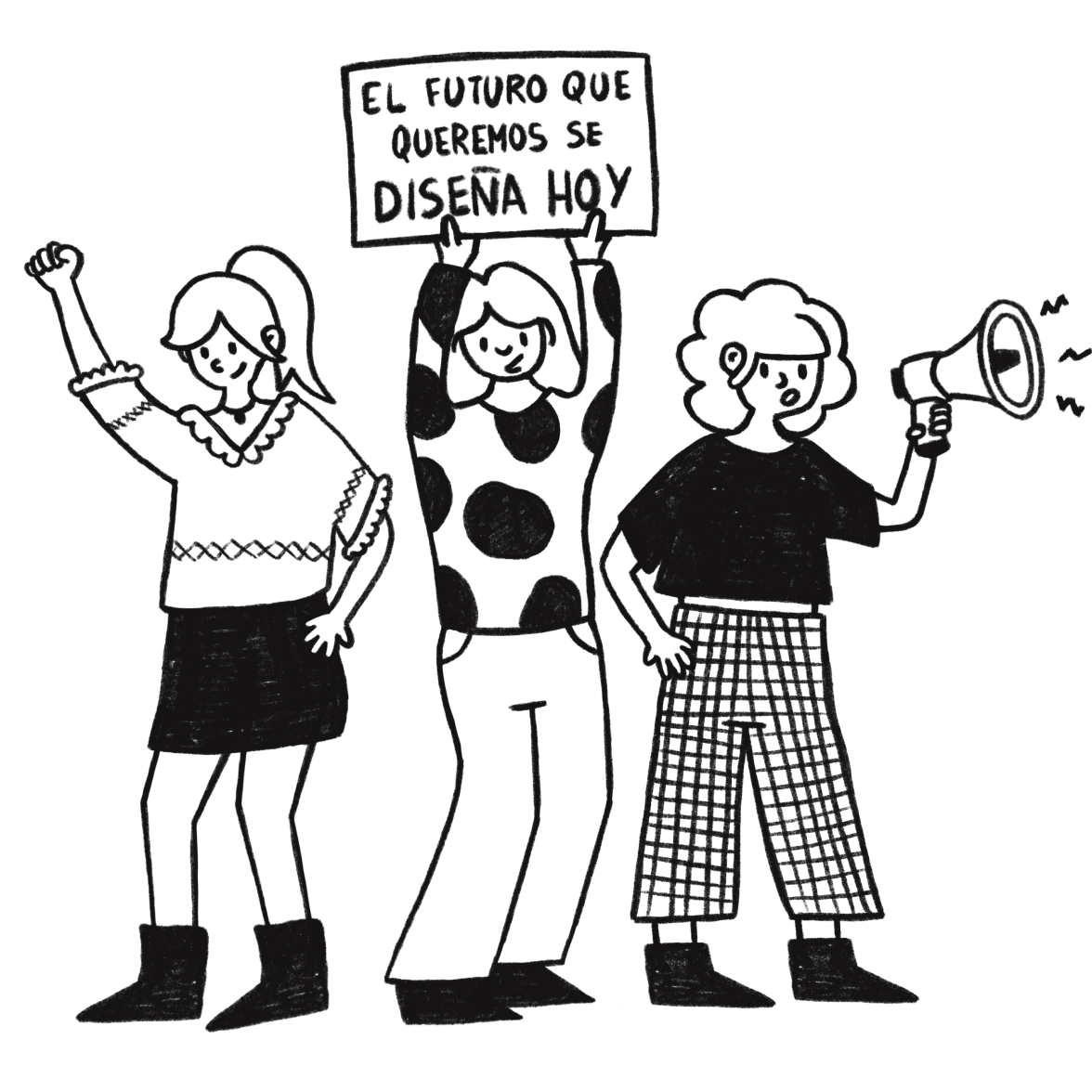 Ilustración: tres personas con una pancarta que dice El futuro que queremos se diseña hoy