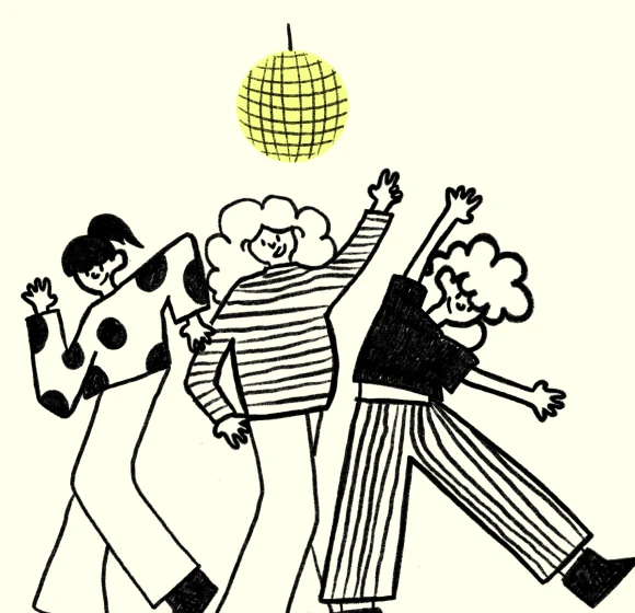Ilustración: tres personas bailando bajo una bola de espejos