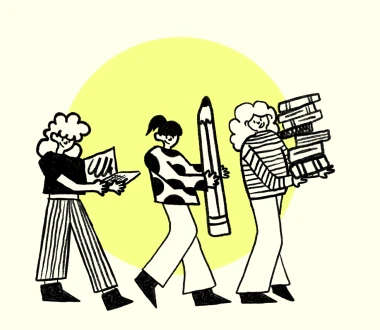 Ilustración: tres personas con un lápiz y libros